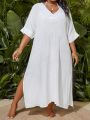 SHEIN Swim Vcay Large Size 1pc V-Neck Batwing Sleeve Slit Side Cover Up Dress