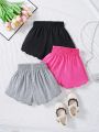 SHEIN Kids EVRYDAY Toddler Girls' 3pcs/Set Knitted Solid Loose Fit Casual Shorts Outfit