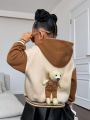 SHEIN Kids Cooltwn Young Girl Bear Decor Two Tone Drop Shoulder Hooded Striped Trim Varsity Jacket