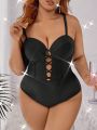 SHEIN Swim BAE Plus Size One-Piece Fishbone Shaped Swimwear With Waist Cincher