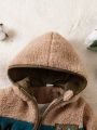 Baby Boy Letter Embroidery Colorblock Zip Up Hooded Teddy Coat