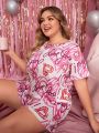 Plus Size Casual Heart Printed Pajama Set For Spring/Summer