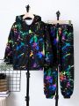 SHEIN Kids HYPEME Tween Boy Splash Ink Print Hooded Jacket & Sweatpants Without Tee