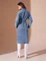 SHEIN BAE Button-up Pocket Detail Denim Shirt Dress Without Waist Belt, Water Washed