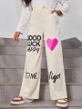 SHEIN Kids Cooltwn Teen Girls' Street Style Loose Straight Leg Sweatpants Solid Color, Casual Sports Trousers