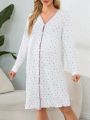 Maternity Floral Printed Colorblock Nightgown With Lace Trim