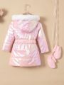 SHEIN Kids EVRYDAY Young Girl Fuzzy Trim Hooded Belted Puffer Coat