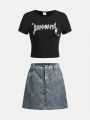 Teenage Girls' Letter Printed T-Shirt And Denim Printed Skirt Set