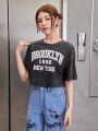 SHEIN Teenage Girls' Knitted Letter Printed Casual T-shirt