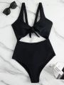 SHEIN Swim Basics Cut-out Knot Front One Piece Swimsuit