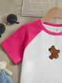 SHEIN Kids QTFun Knitted Short Sleeve T-Shirt For Tween Girls With Teddy Bear Applique And Color Block Design