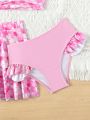 Toddler Girls' Fish Pattern Ruffled Bikini Set And Beach Skirt