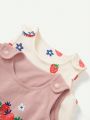 Cozy Cub Newborn Baby Girl Lovely Strawberry Pattern Sleeveless Romper With Round Neckline And Shorts Two Piece Outfits