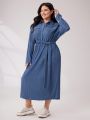 SHEIN Mulvari Women'S Plus Size Solid Color Textured Button Front Half Placket Casual Dress