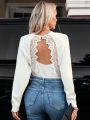 SHEIN Clasi Lace Decorated Hollow Out Back Sweater