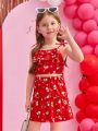 SHEIN Kids SUNSHNE Young Girls' Vacation Style Double Layered Ruffle Hem Cami Top And Shorts Set With Floral Print, Suitable For Travel In Spring And Summer