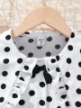 SHEIN Girls' Polka Dot Woven Doll Collar Casual Shirt And Woven Solid Color Pleated Skirt Two-piece Set