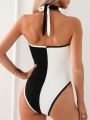 SHEIN Swim Basics Color-Block Halterneck One-Piece Swimsuit