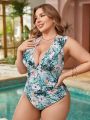 SHEIN Swim Vcay Plus Size Women's Ruffled Tropical Plant Print One-Piece Swimsuit