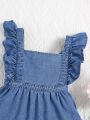 SHEIN Toddler Girls' Denim Dress With Lace Hem