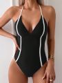 SHEIN Swim Chicsea Ladies' Color Block Rolled Edge One Piece Swimsuit