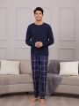 Men'S Solid Color Long-Sleeved T-Shirt And Plaid Trousers Loungewear Set