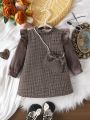 Infant Girls' Brown Pleated Lace Hem Round Neck Dress With Bowknot Crossbody Bag