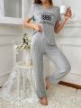 Casual Letter Print Round Neck Ribbed Short Sleeve Pants Pajama Set