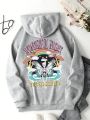 Women's Skull Printed Grey Long Sleeve Hoodie With Front Kangaroo Pocket