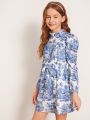 SHEIN Kids CHARMNG Girls Landscape Print Gigot Sleeve Self Belted Dress