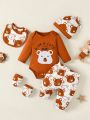 SHEIN 5pcs/set Cute Bear Printed Romper + Long Pants + Hat + Bib + Gloves For Baby Boy