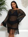 SHEIN Swim BohoFeel 1pc Plus Size Knitted Cover Up Dress With Fringe Decoration And Hollow Out Design