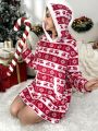 Christmas Elk & Geo Print Drop Shoulder Hooded Flannel Night Dress