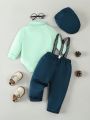 Infant Boys' Long Sleeve Romper & Overalls Set With Bowtie And Hat