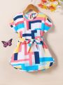 SHEIN Kids SUNSHNE Little Girls' Geometric Pattern Batwing Sleeve Dress