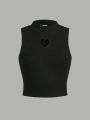 SHEIN Kids EVRYDAY Girls' Knitted Solid Color High Neck Hollow Out Heart Pattern Tank Top 2pcs/set