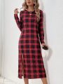 SHEIN LUNE Plaid Hem Slit Long Sleeve Dress