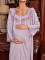 Maternity Butterfly Embroidery Mesh Gauze Ruffled Hem Decorated Bell Sleeve Jacquard Nightgown