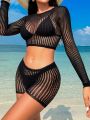 SHEIN Swim BAE Women's Short Fishnet Cardigan Set