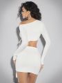 SHEIN BAE Women's White Off-Shoulder Asymmetric Hem Long Sleeve Crop Top And Short Drawstring Ruffle Mini Skirt Set