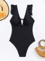 Ladies' One-Piece Swimsuit With Ruffle Trim And Deep V-Neck