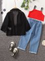 Little Girls' 3pcs Black Jacket + Distressed Jeans + Camisole Tank Top Set