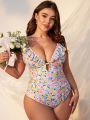 SHEIN Swim Mod Plus Size One-piece Swimsuit With Flower Print And Ruffle Trim