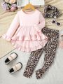 Girls Fashion Clothing 3 Piece Set Casual Ruffle Dress Fashion Leopard Print Pants Scarf Set Girls Spring Autumn Party Outfit