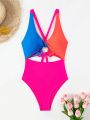 SHEIN DD+ Women's One-Piece Swimsuit With Twist Detail And Hollow Out Design