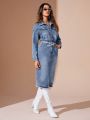 SHEIN BAE Button-up Pocket Detail Denim Shirt Dress Without Waist Belt, Water Washed