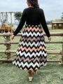 Plus Size Zigzag Striped Long Sleeve Dress