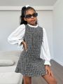 SHEIN Kids Cooltwn Tween Girl Plaid Pattern Flounce Sleeve Frill Trim 2 In 1 Tweed Dress