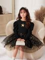 SHEIN Tween Girl Star Sequins Gigot Sleeve Mesh Hem Dress