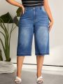 SHEIN LUNE Plus Size Women'S Frayed Hem Mid-Calf Denim Capri Jeans